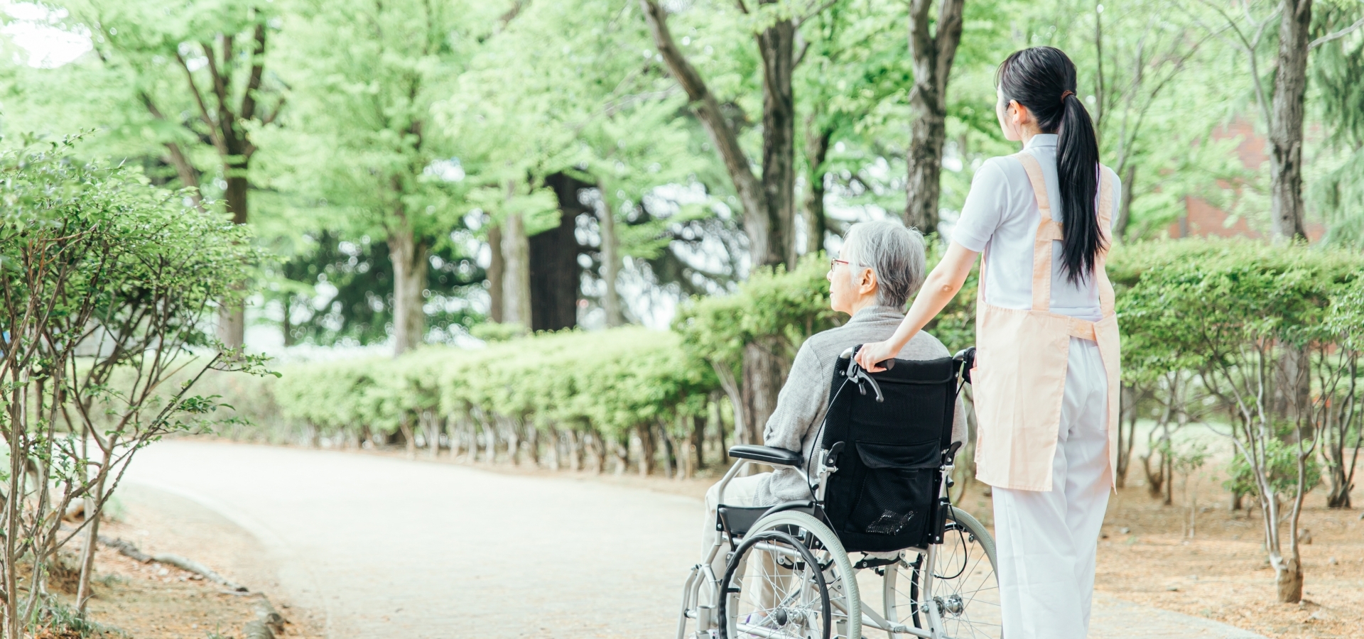 介護職員が車椅子の利用者を公園で散歩している様子。緑豊かな庭園での日中活動。